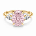 My Store 4 18K solid gold trilogy ring with a pink oval lab diamond centerpiece and pear-cut side diamonds.