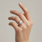My Store 4 18K solid gold radiant cut lab-grown diamond halo ring worn on a woman's finger