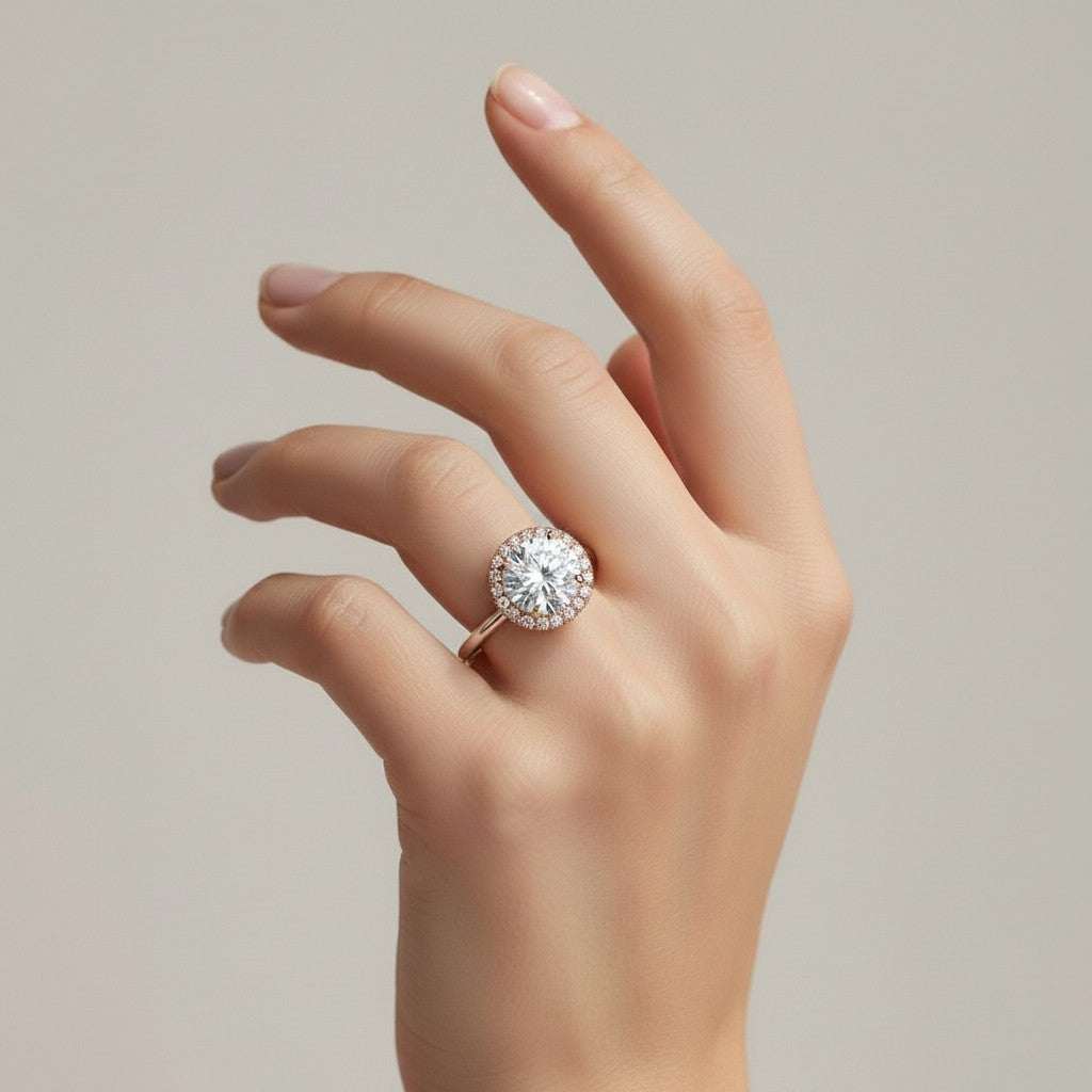 My Store 4 18K solid gold radiant cut lab-grown diamond halo ring worn on a woman's finger