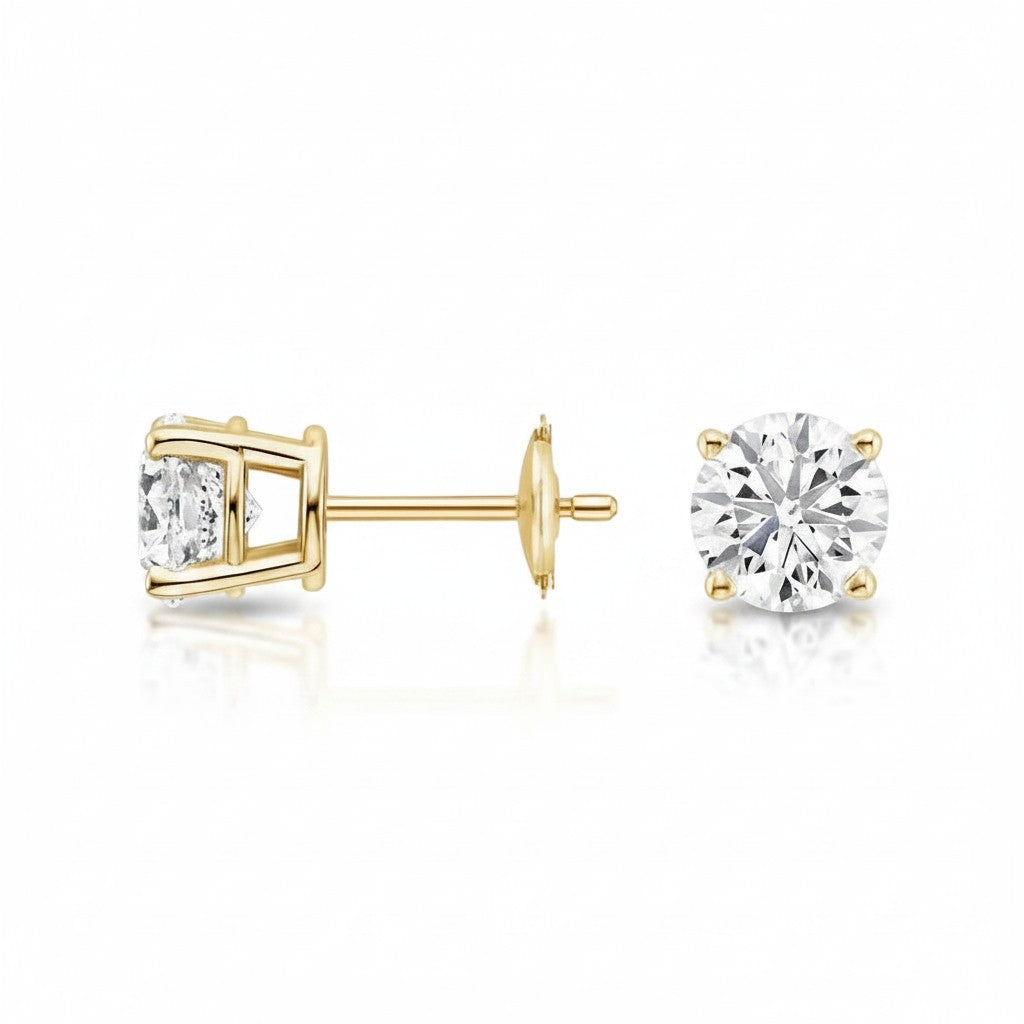 My Store 4 18K solid gold stud earrings featuring 1.5 carat round lab-grown diamonds with a classic four-prong setting.
