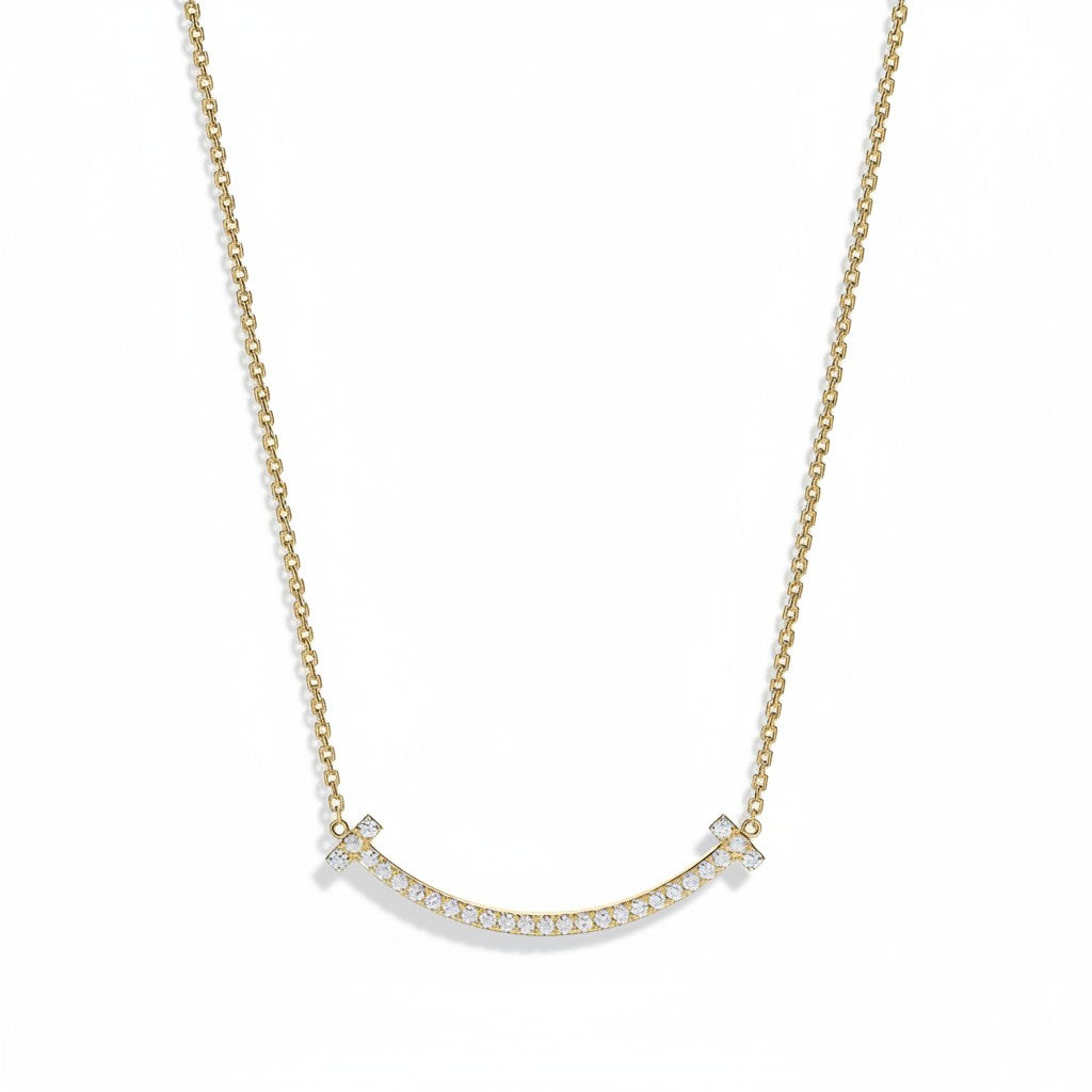 My Store 4 18K solid gold smile necklace featuring a curved bar pendant set with sparkling lab-grown diamonds.