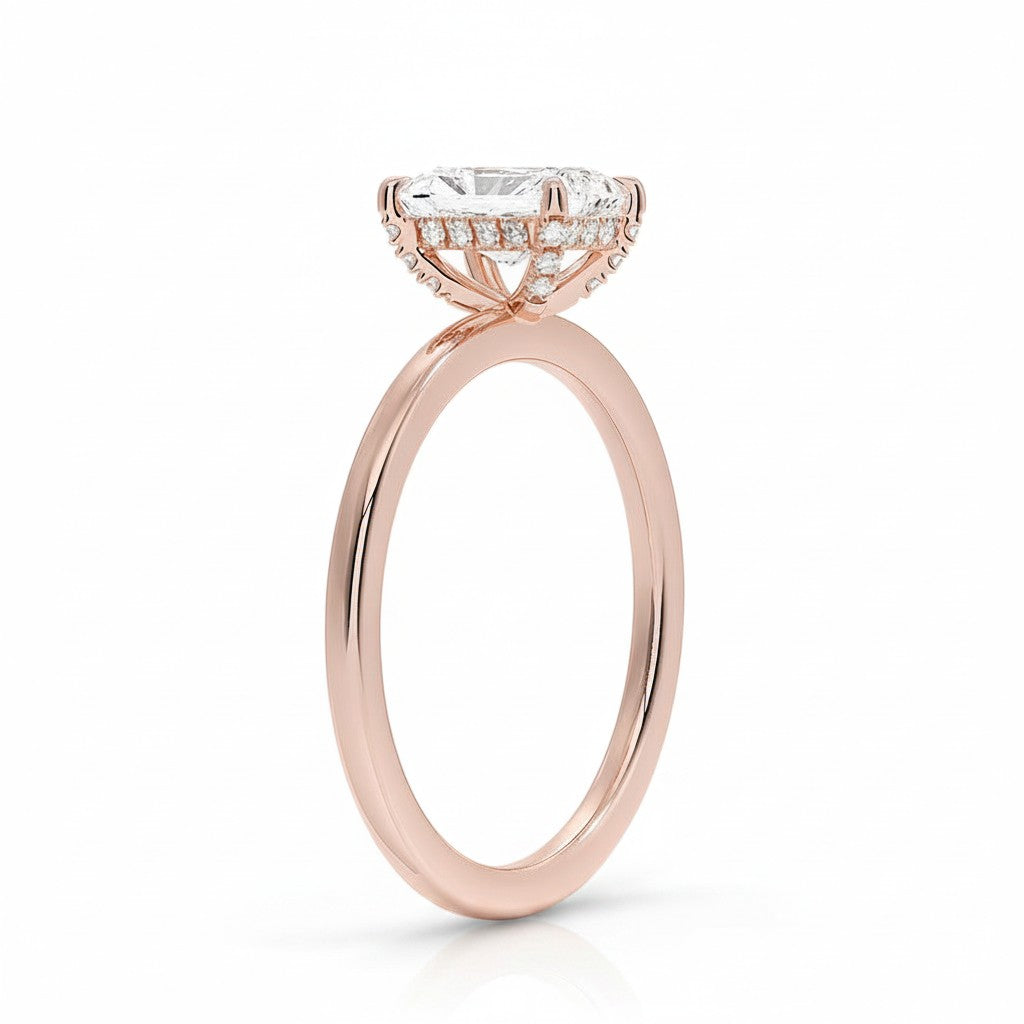My Store 4 18K rose gold halo engagement ring featuring a central lab-grown diamond in a side profile view