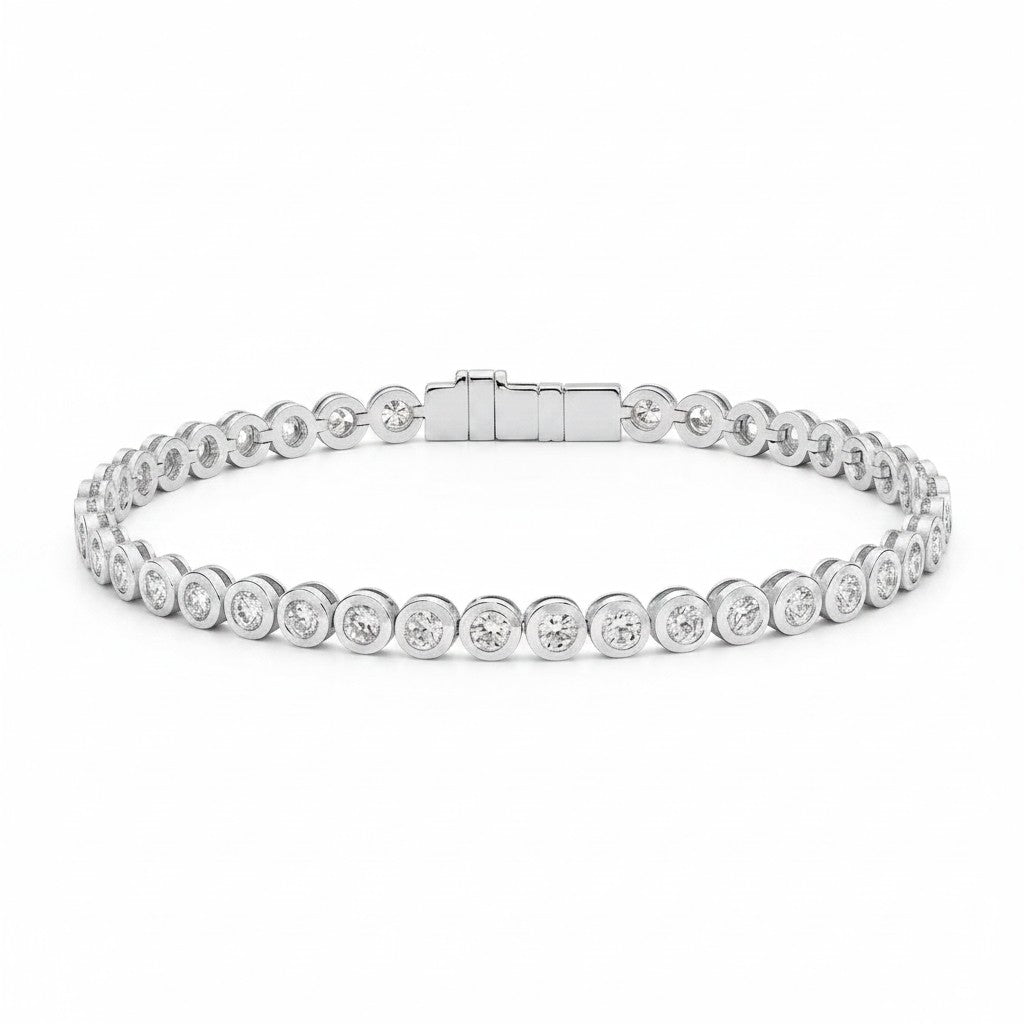 My Store 4 modern bezel diamond line bracelet in white gold with round cut stones and a secure box clasp.