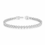 My Store 4 modern bezel round diamond tennis bracelet in white gold with a secure box clasp on a white background.