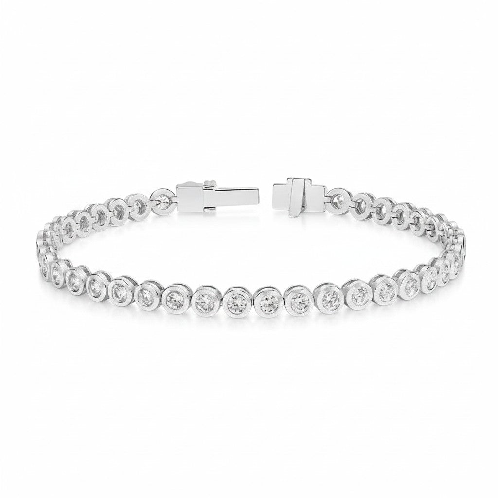 My Store 4 modern bezel round diamond tennis bracelet in white gold with a secure box clasp on a white background.