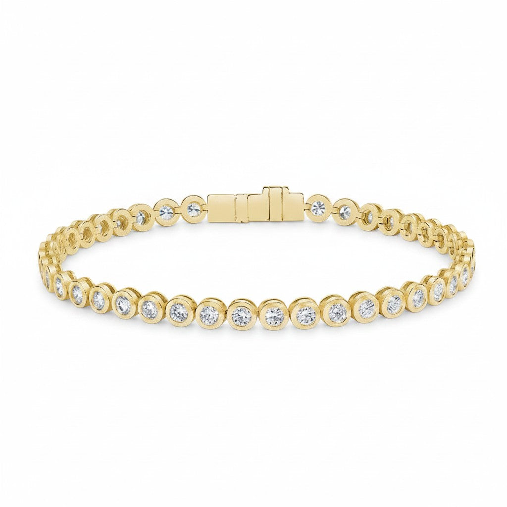 My Store 4 modern bezel round diamond tennis bracelet in 14K yellow gold with a secure box clasp.