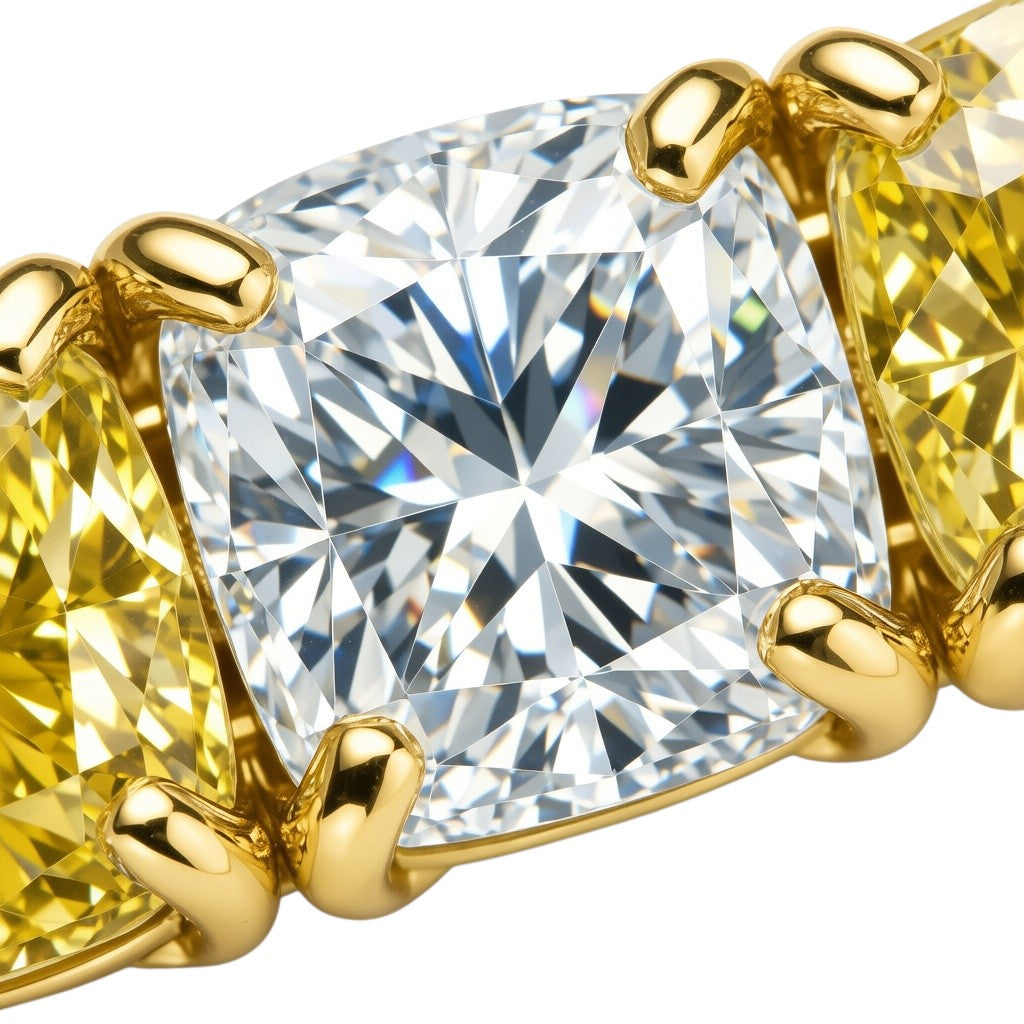 My Store 4 tennis bracelet featuring alternating cushion-cut fancy yellow and white diamonds in yellow gold box settings.