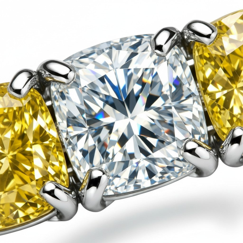 My Store 4 two-tone tennis bracelet featuring alternating cushion-cut fancy yellow and white diamonds in gold settings.