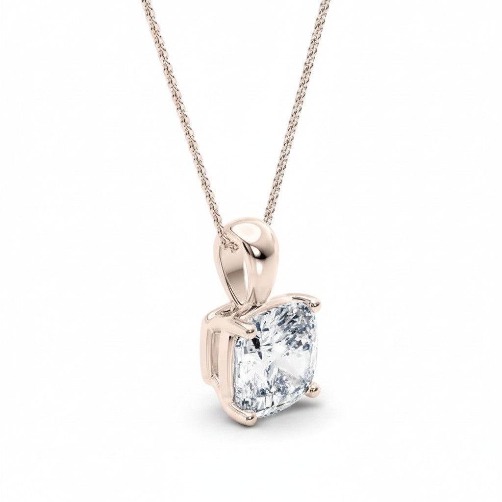 My Store 4 cushion-cut diamond solitaire pendant in rose gold with a tapered bail on a delicate chain