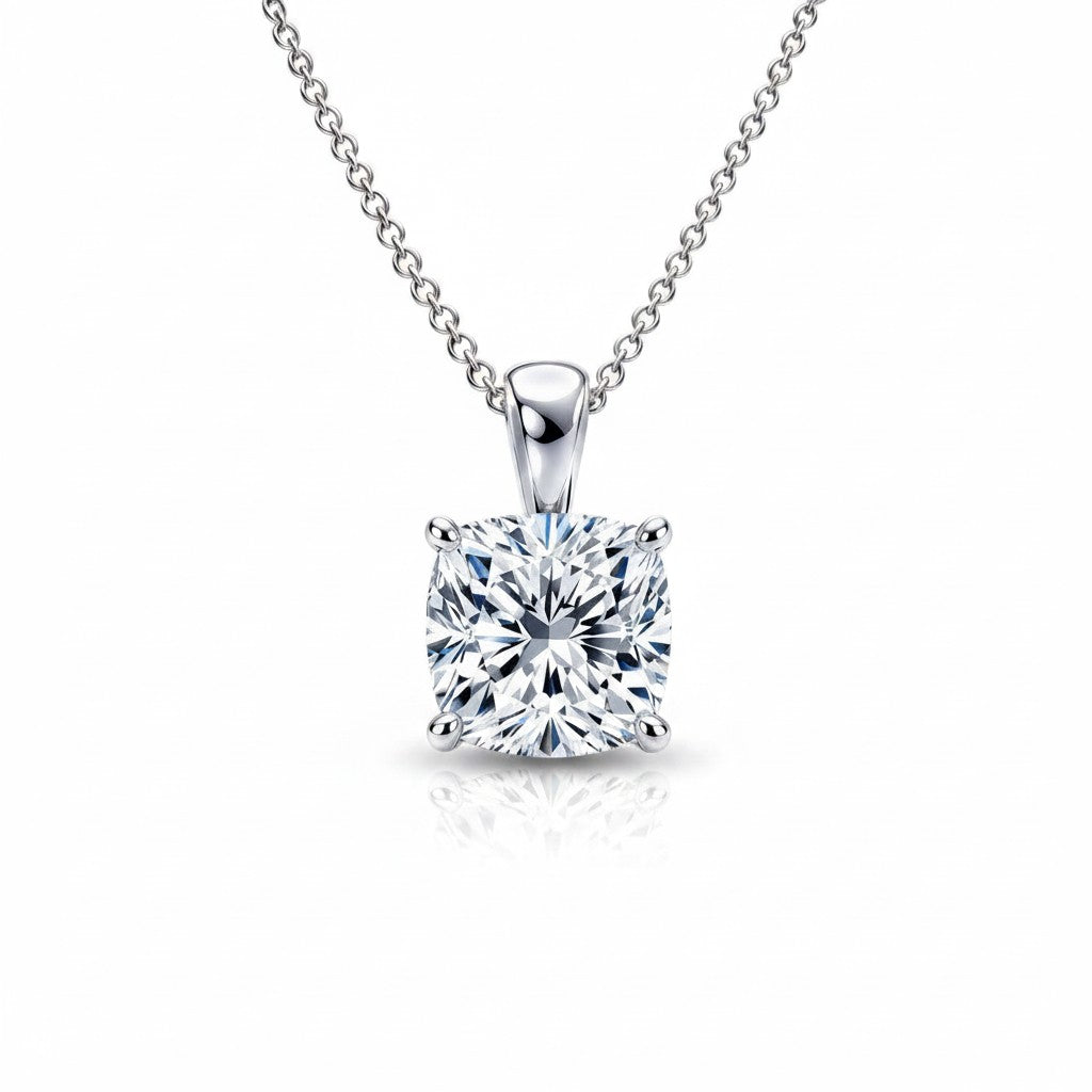 My Store 4 cushion-cut diamond solitaire pendant in white gold with a four-prong setting on a delicate chain.