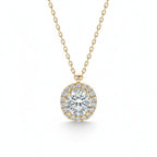 My Store 4 round brilliant diamond pendant in a micro-pave cushion halo setting on a delicate 18K yellow gold chain.