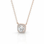 My Store 4 round brilliant diamond pendant in a micro-pave cushion halo setting on a delicate rose gold cable chain.