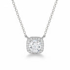 My Store 4 floating pendant necklace featuring a round brilliant diamond in a micro-pave cushion halo, white gold chain