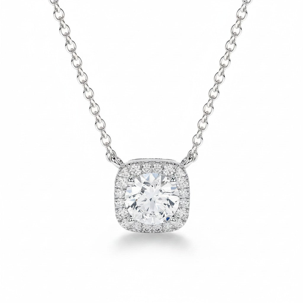 My Store 4 floating pendant necklace featuring a round brilliant diamond in a micro-pave cushion halo, white gold chain