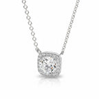 My Store 4 round brilliant diamond pendant with a micro-pave cushion halo in white gold on a delicate cable chain.