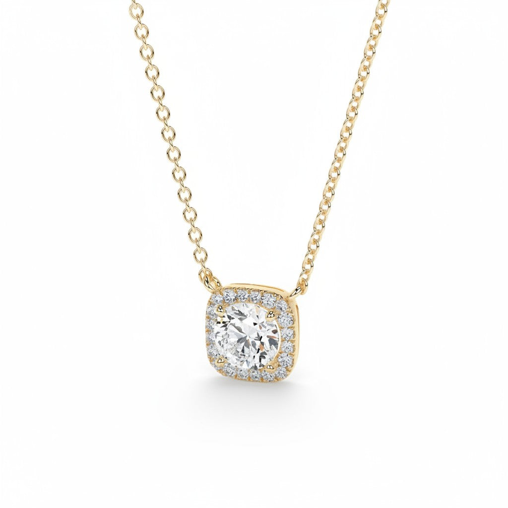 My Store 4 round brilliant diamond pendant with a micro-pave cushion halo in 18K yellow gold on a fine cable chain.