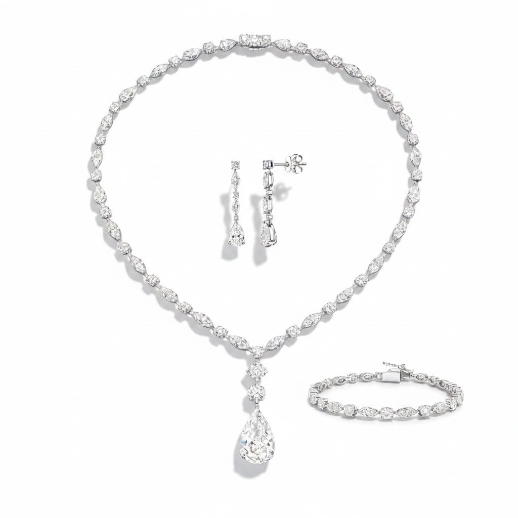 My Store 4 bridal jewelry set featuring a diamond necklace, linear drop earrings, and tennis bracelet in white gold.