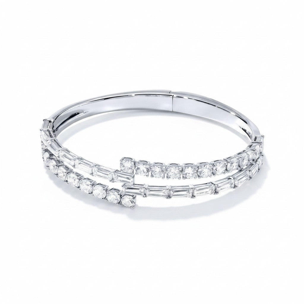 My Store 4 bypass open bangle bracelet featuring alternating baguette and round brilliant diamonds in white gold