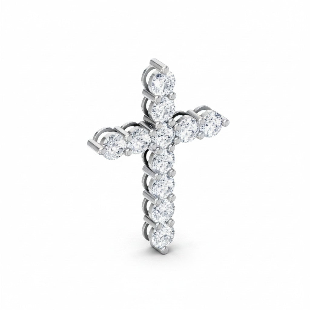 My Store 4 diamond cross pendant in white gold with shared-prong round brilliant diamonds on a white background.