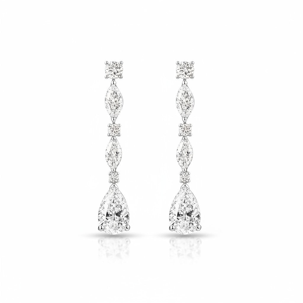 My Store 4 bridal linear drop earrings featuring marquise and round diamonds with a pear-cut teardrop pendant