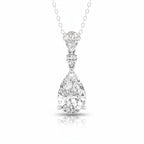 My Store 4 three-stone diamond drop pendant necklace in 18K white gold featuring pear and round cut stones.