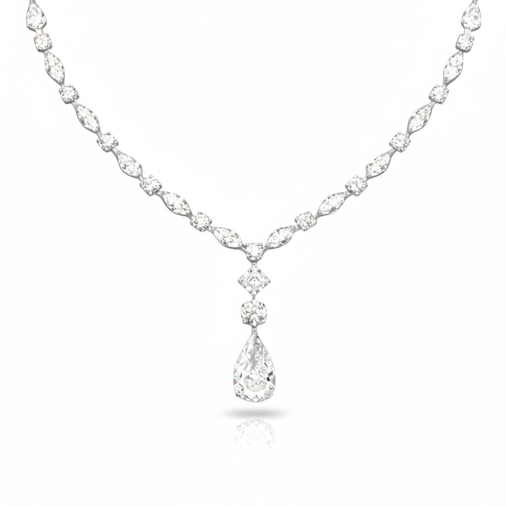 My Store 4 bridal necklace featuring a V-contour strand of mixed cut diamonds with a central pear-cut teardrop pendant.