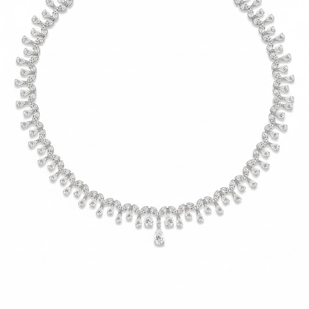 My Store 4 bridal fringe necklace featuring pear and marquise-cut diamonds set in 18K white gold with a center drop.