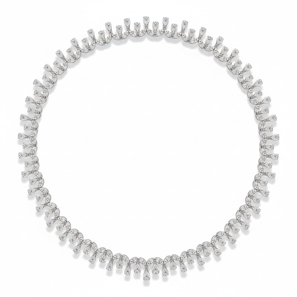 My Store 4 bridal necklace featuring a fringe of pear and marquise-cut diamonds in 18K white gold.