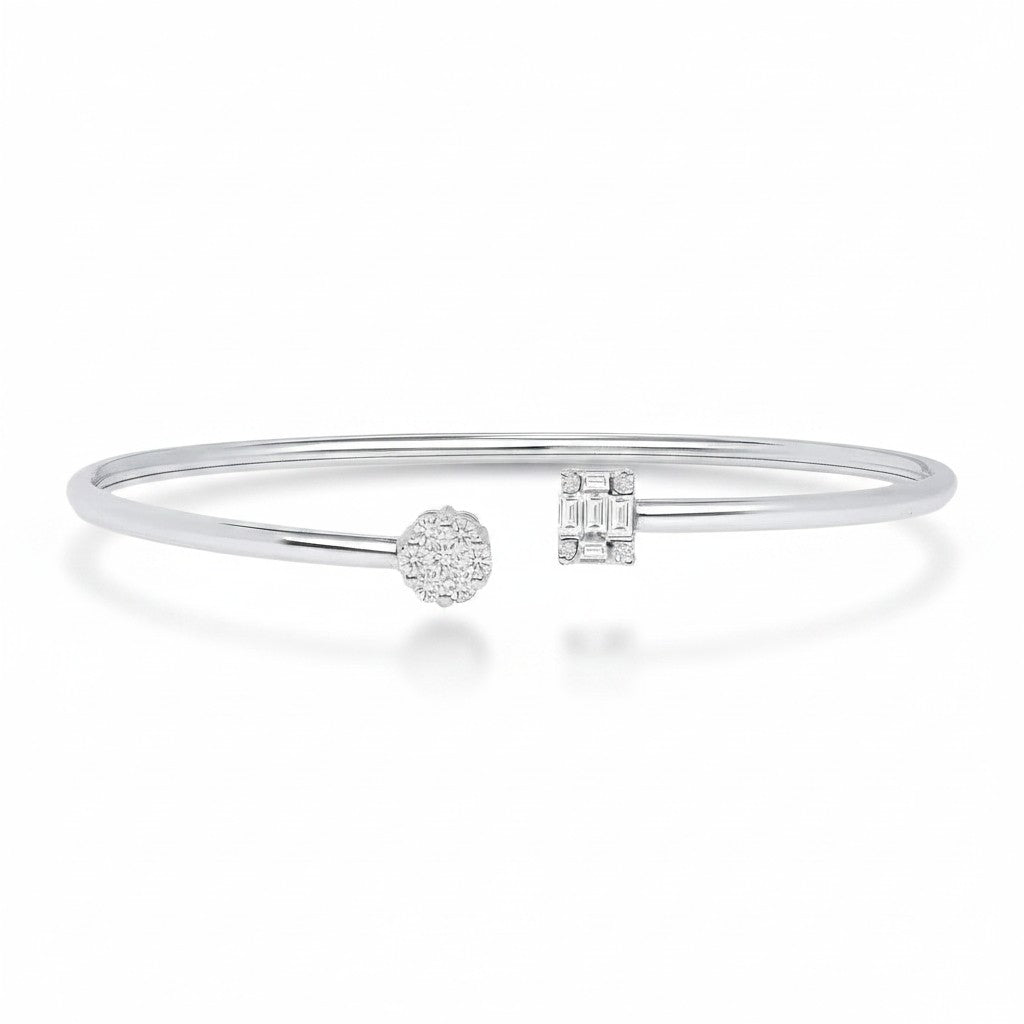 My Store 4 open cuff bracelet in white gold with a round diamond cluster and a rectangular baguette diamond motif.