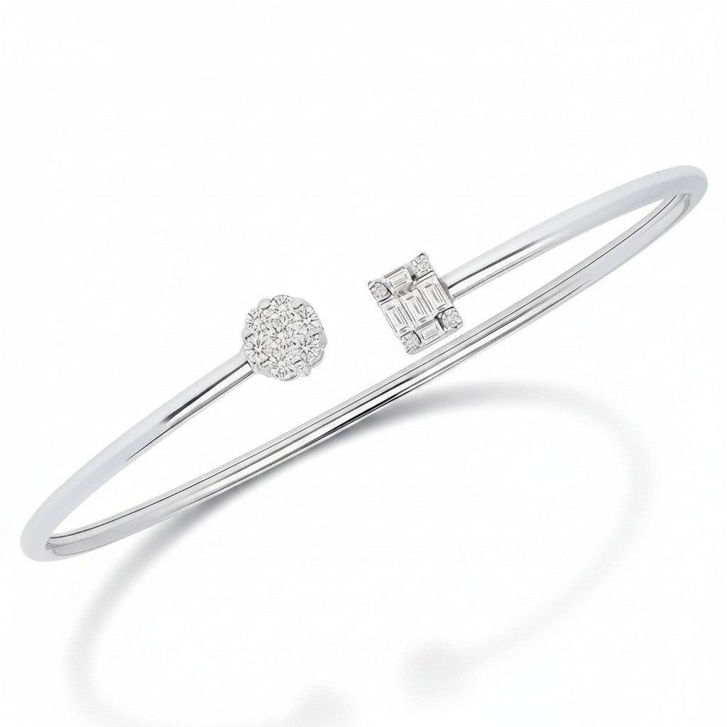 My Store 4 open cuff bracelet in white gold featuring a round diamond pavé cluster and a rectangular baguette motif.
