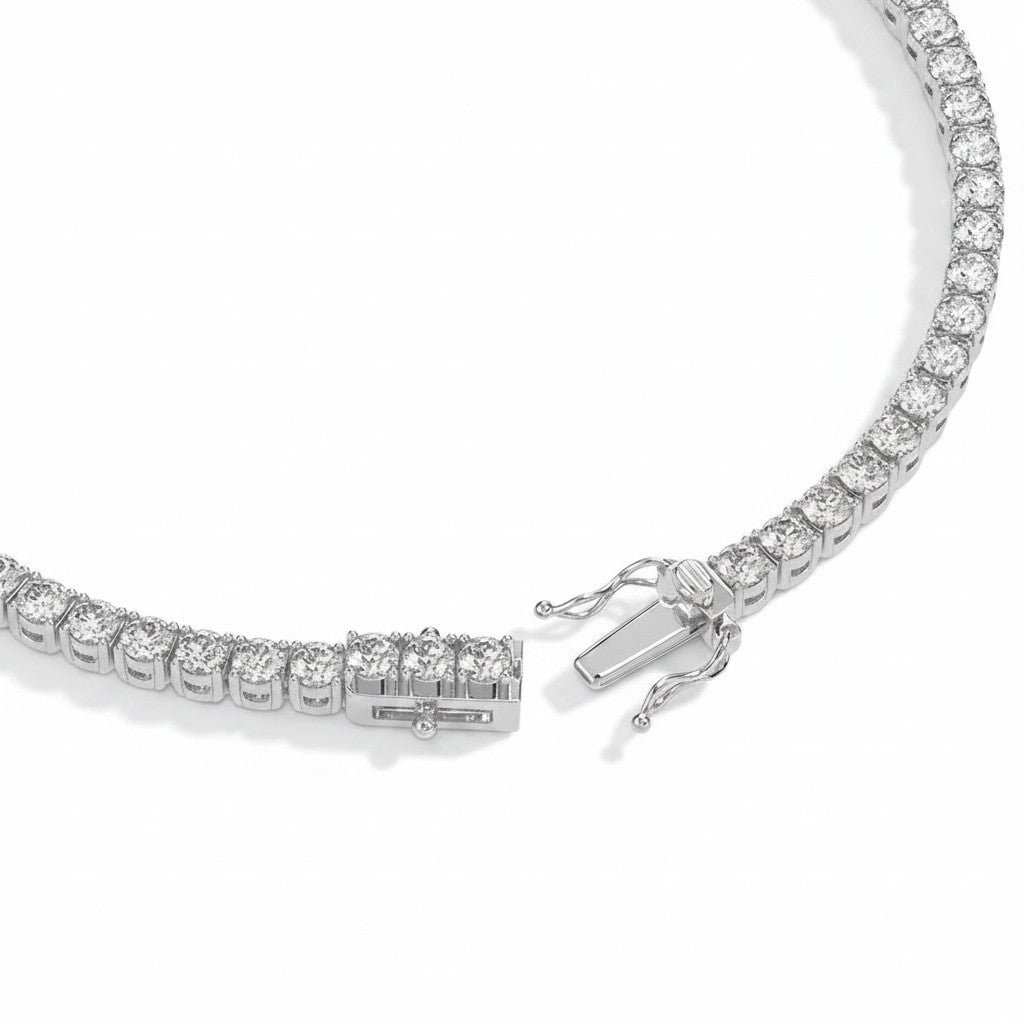My Store 4 round diamond tennis bracelet in white gold with a secure box clasp and dual safety latches.