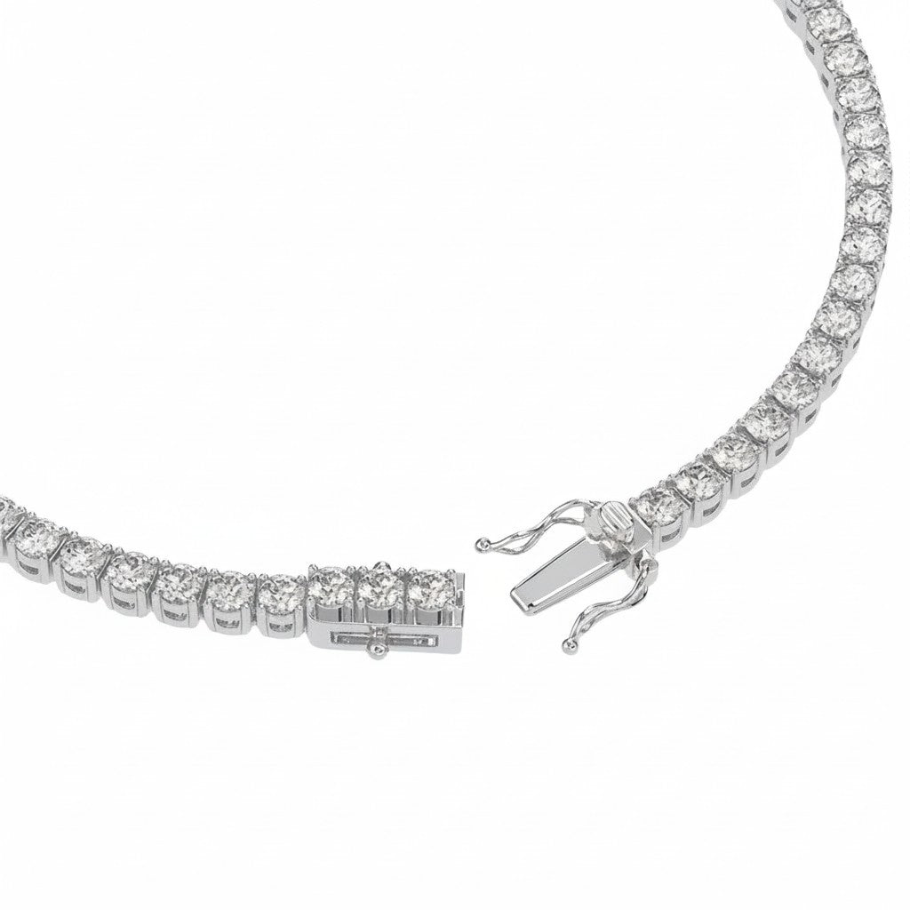 My Store 4 tennis bracelet featuring a secure box clasp with dual safety latches and brilliant round cut diamonds.
