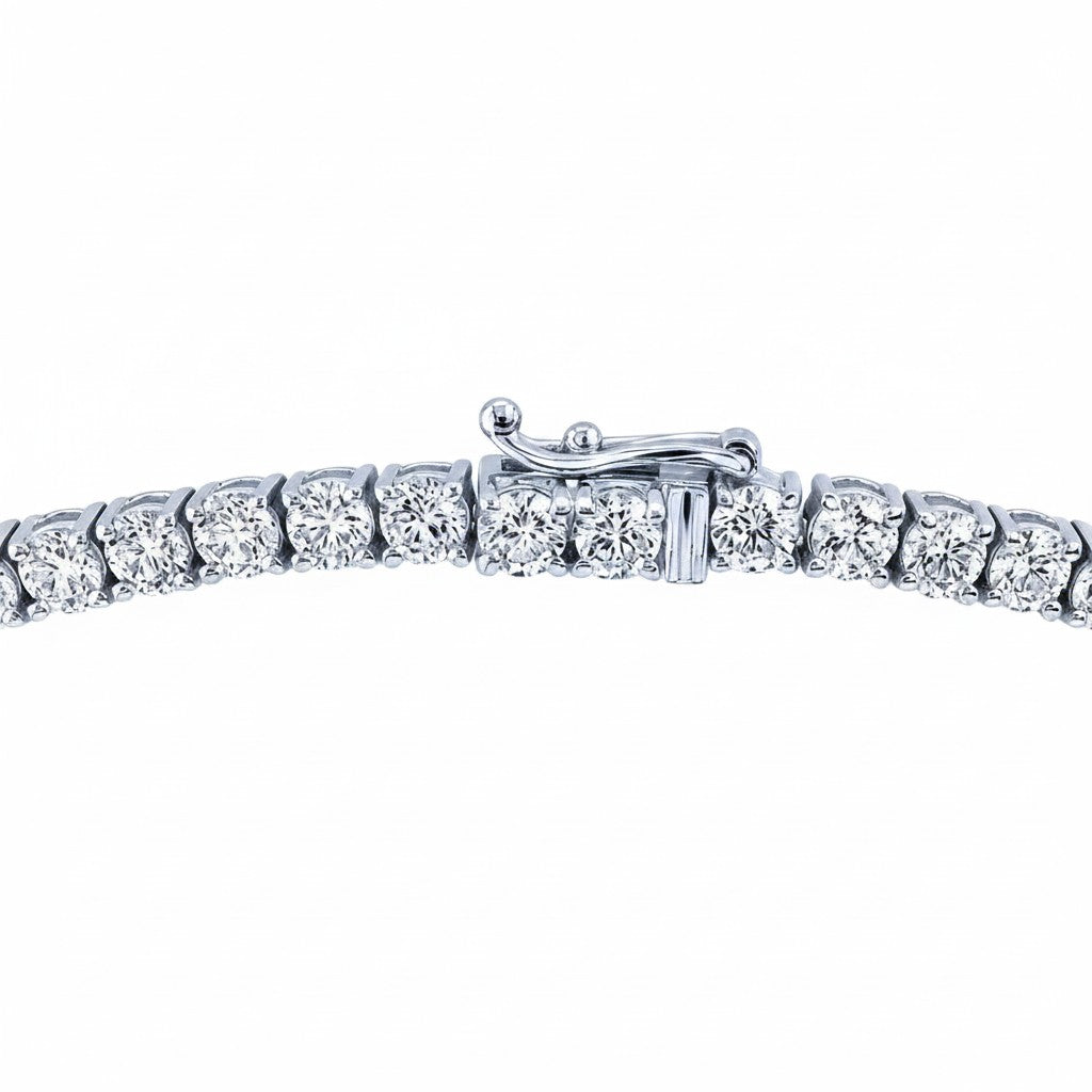 My Store 4 classic four-prong diamond tennis necklace in white gold with a secure box clasp and safety latch.