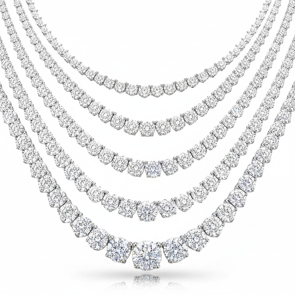 My Store 4 classic four-prong diamond tennis necklace featuring a layered design of brilliant-cut stones in gold.