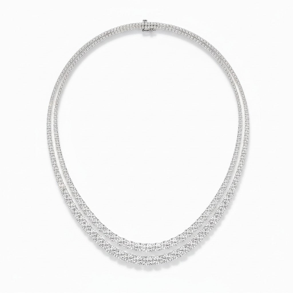 My Store 4 double layer diamond tennis necklace in white gold with two parallel strands of brilliant-cut diamonds.