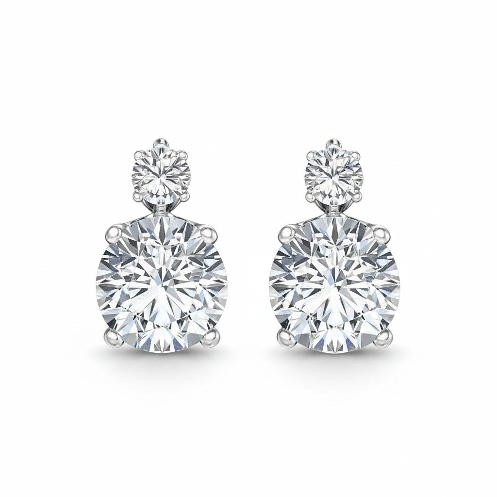 My Store 4 18K solid gold double round lab-grown diamond drop earrings featuring 6.5 carat total weight sparkling stones.