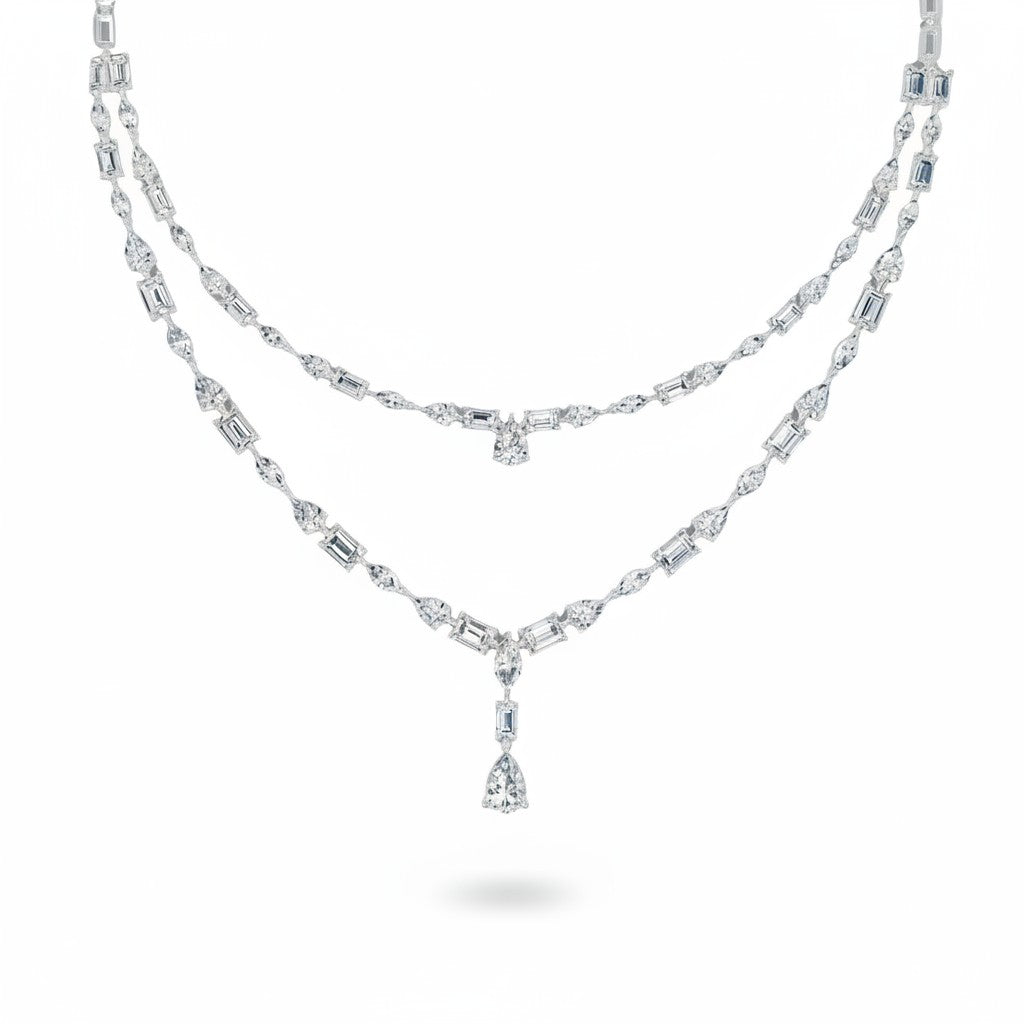 My Store 4 double strand diamond necklace with marquise and baguette cuts and a pear diamond drop pendant in white gold.