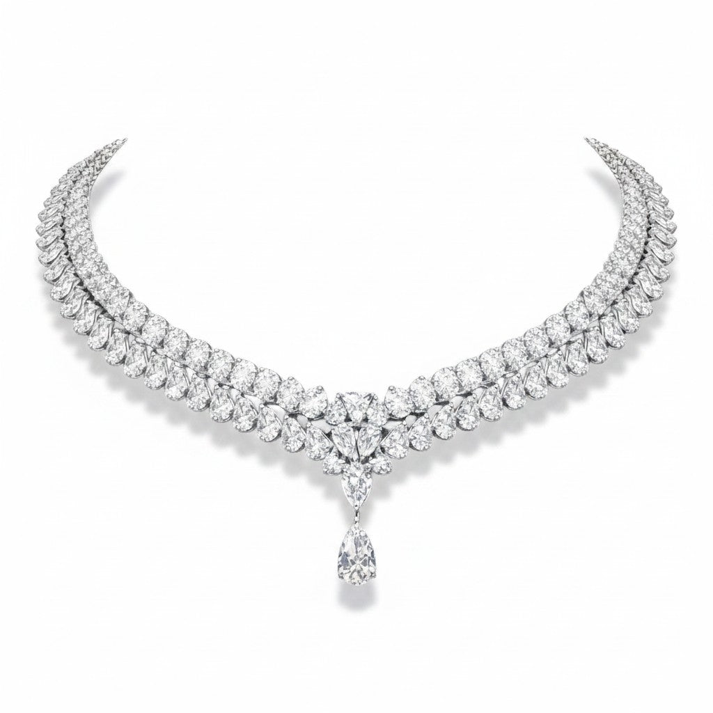 My Store 4 double strand collar necklace featuring cascading pear and round brilliant diamonds with a central drop pendant.