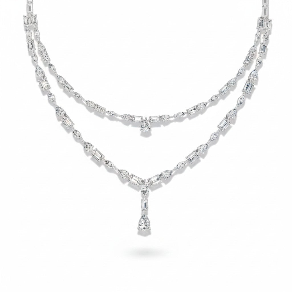 My Store 4 double strand diamond necklace featuring alternating marquise and baguette cut diamonds with a pear drop.