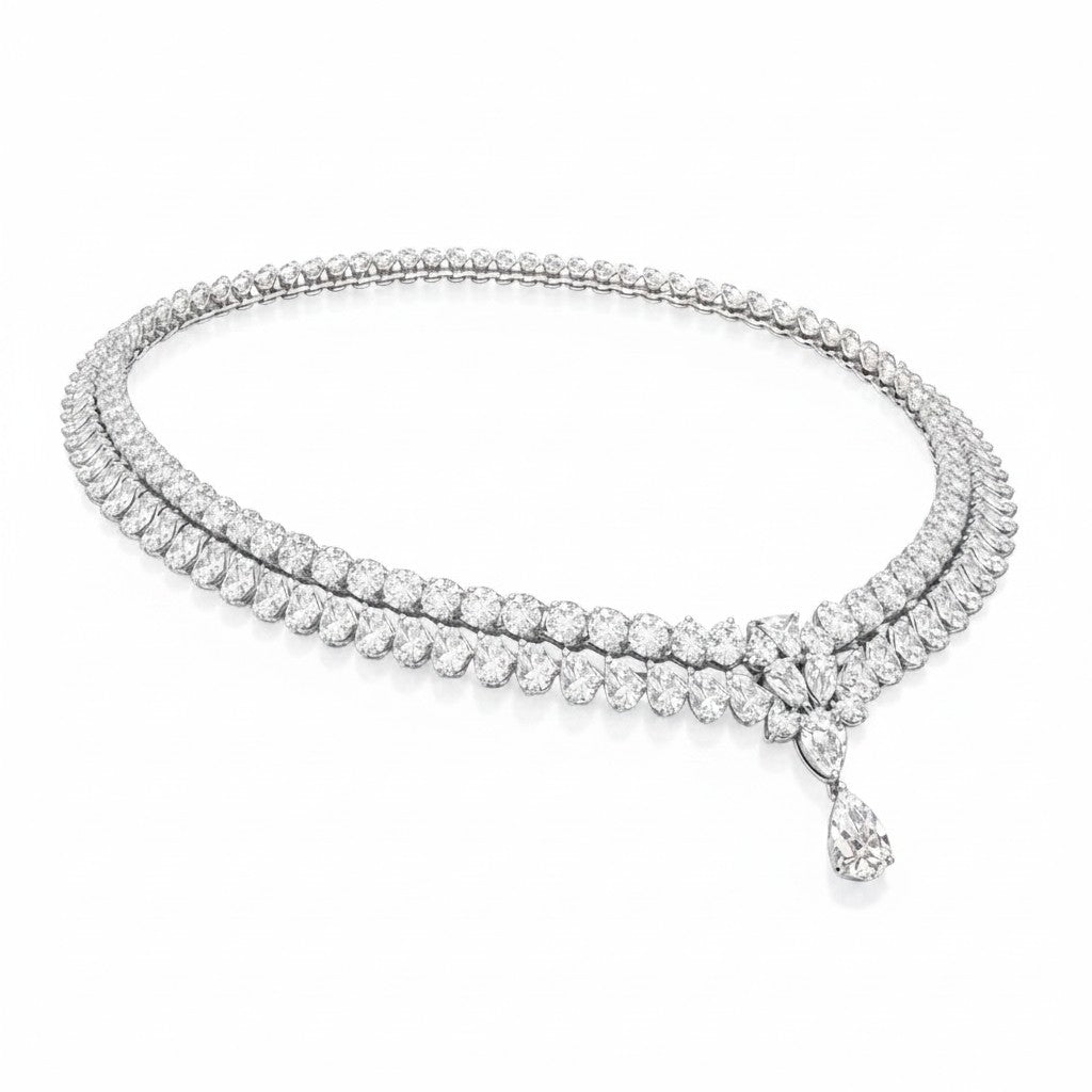 My Store 4 double strand diamond collar necklace featuring pear-cut and round brilliant stones with a teardrop pendant.