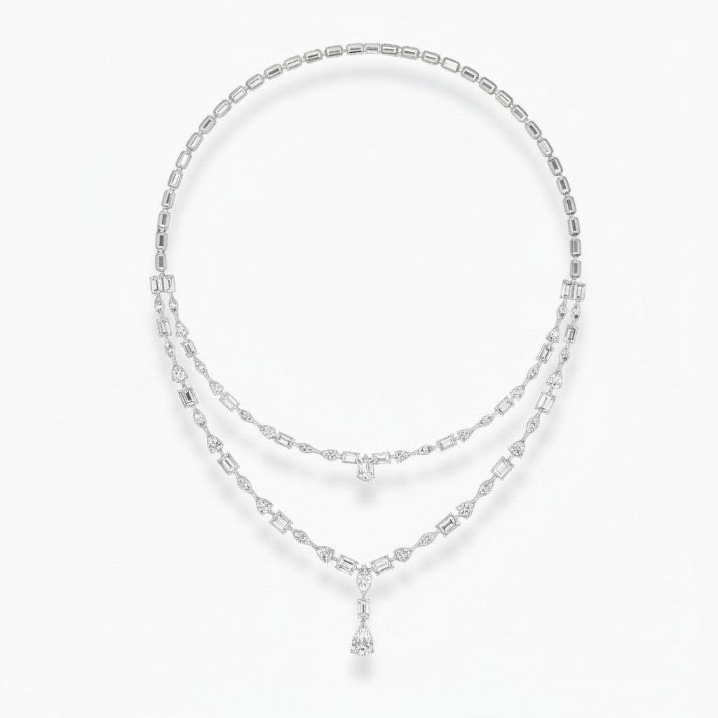 My Store 4 double strand diamond necklace with marquise, baguette, and pear-cut diamonds in white gold.