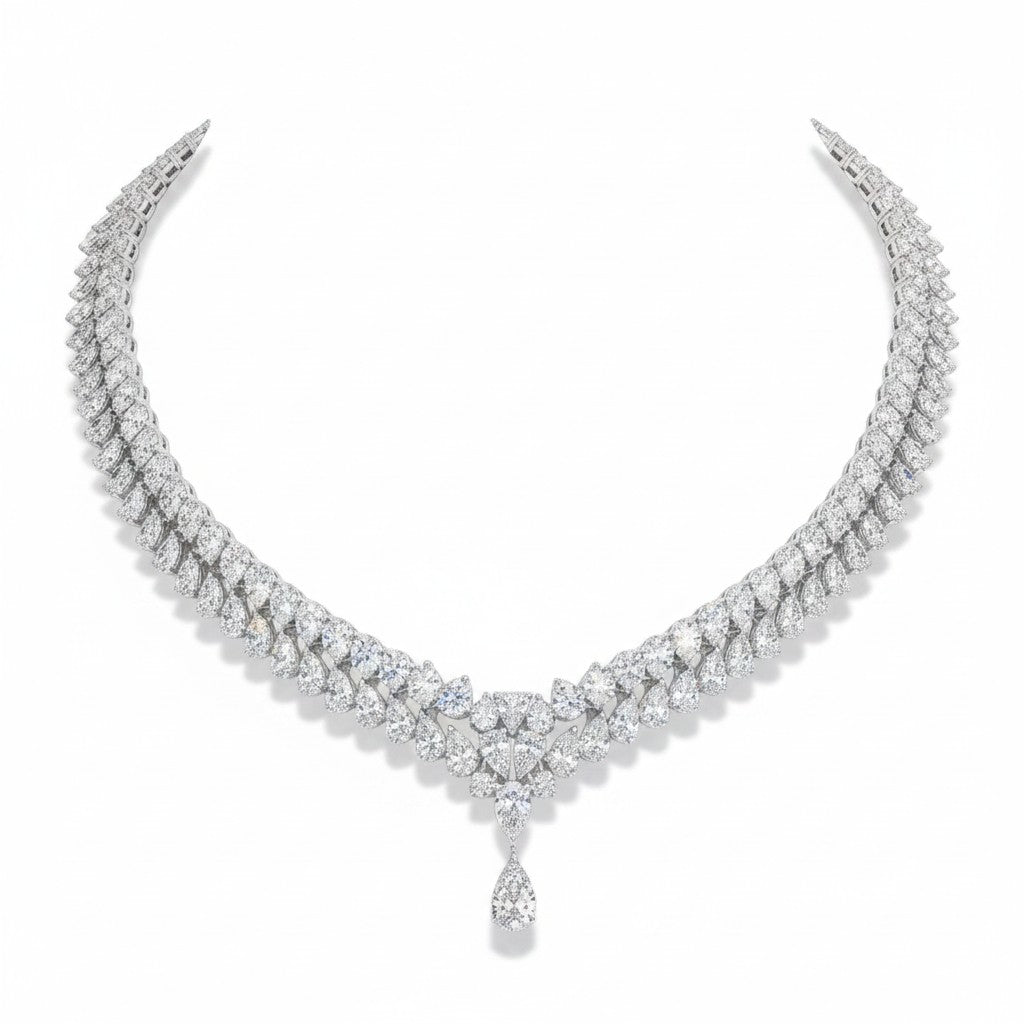 My Store 4 double strand collar necklace featuring cascading pear and round diamonds with a central teardrop pendant.