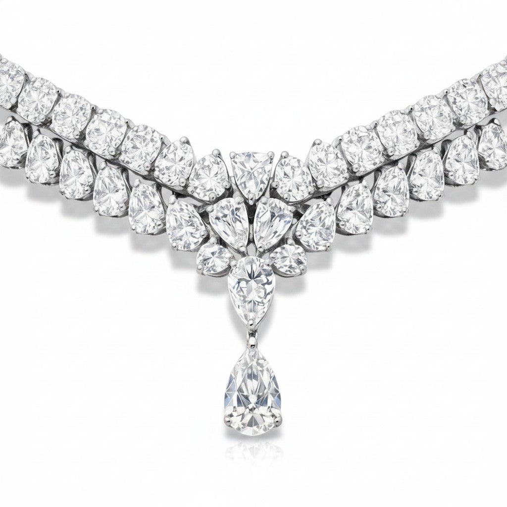 My Store 4 double strand collar necklace featuring cascading pear-cut and round diamonds with a central teardrop drop.