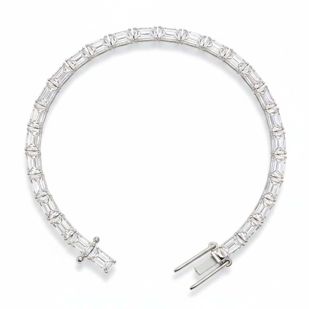 My Store 4 modern east-west emerald cut diamond line bracelet in white gold with a secure box clasp.