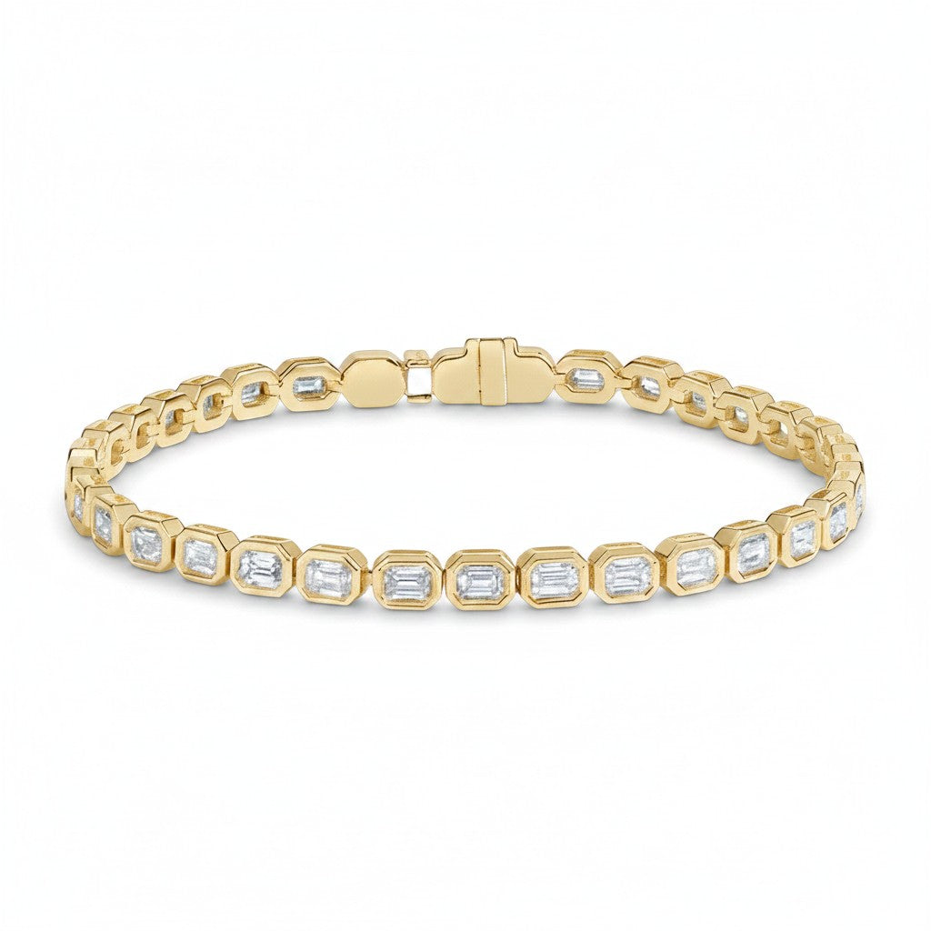 My Store 4 18K solid gold tennis bracelet featuring 3 carats of emerald-cut lab-grown diamonds in bezel settings.
