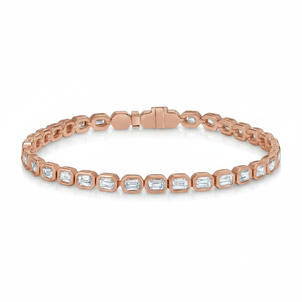 My Store 4 18K solid gold tennis bracelet featuring 3 carats of emerald-cut lab-grown diamonds in bezel settings.