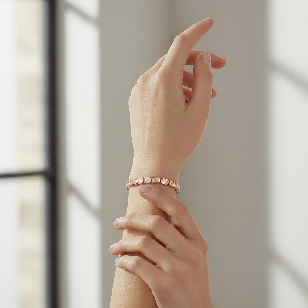 My Store 4 18K solid gold tennis bracelet featuring emerald-cut lab-grown diamonds in sleek bezel settings on a wrist