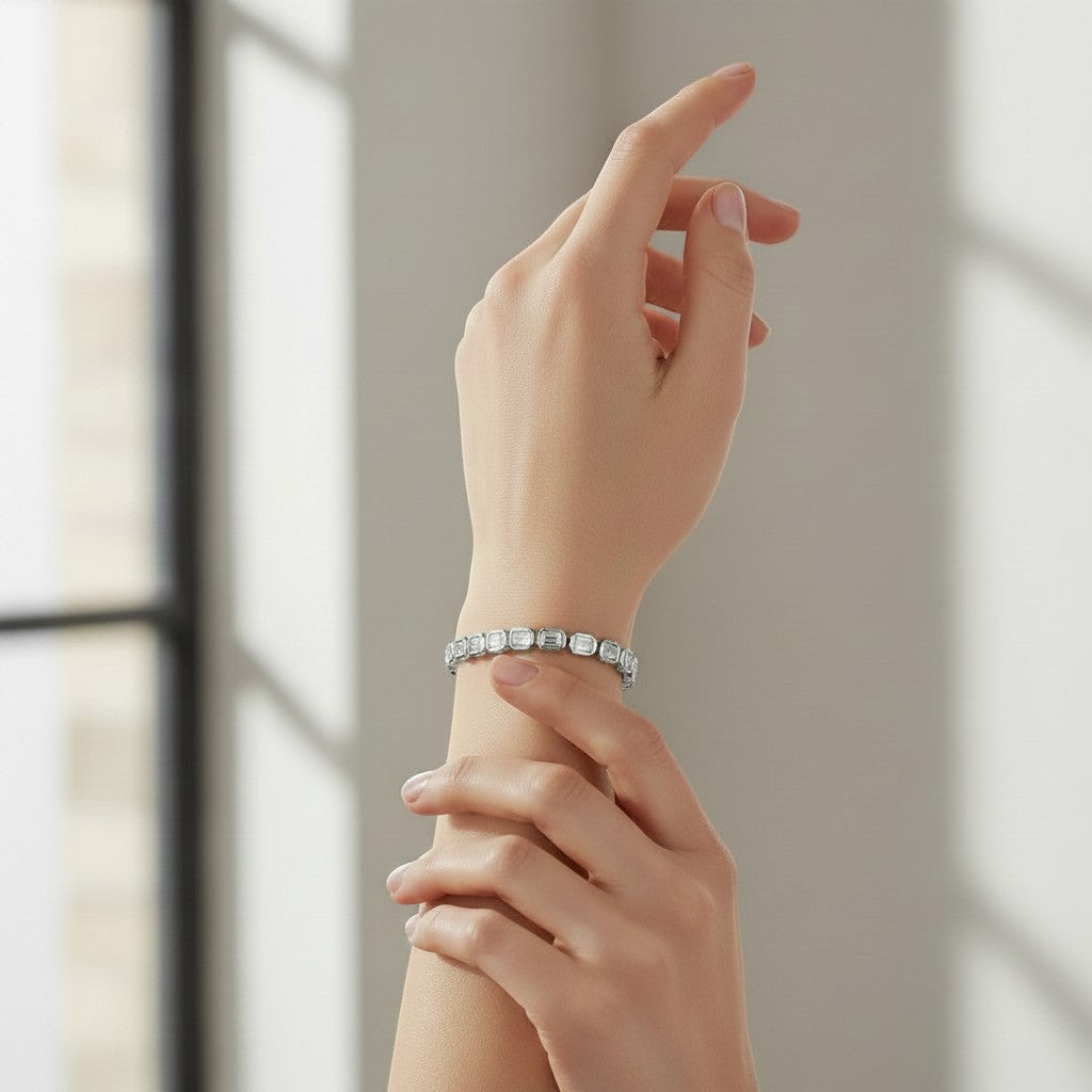 My Store 4 18K solid gold tennis bracelet featuring 3 carats of emerald-cut lab-grown diamonds in sleek bezel settings
