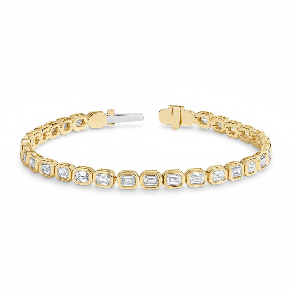 My Store 4 18K solid gold tennis bracelet featuring 3 carats of emerald-cut lab-grown diamonds in bezel settings.
