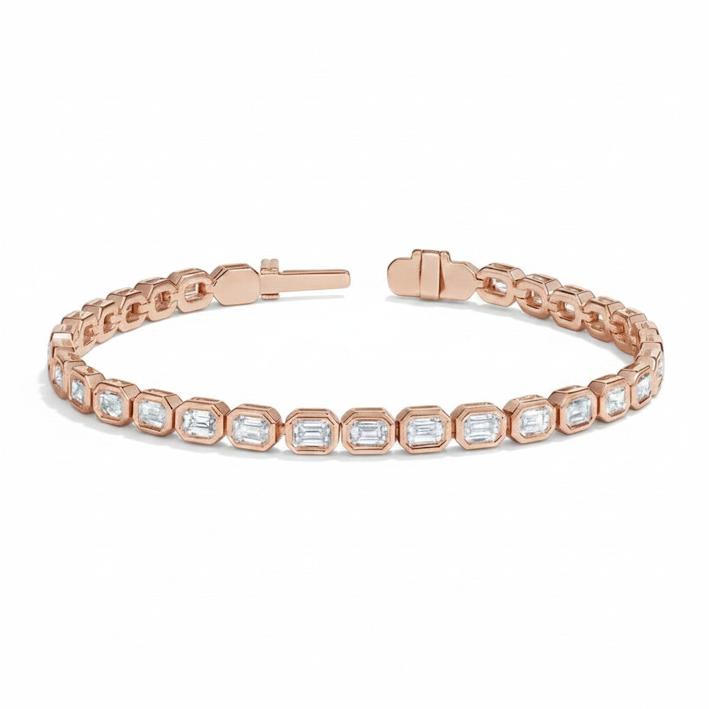 My Store 4 18K rose gold tennis bracelet featuring emerald-cut lab-grown diamonds in secure bezel settings.